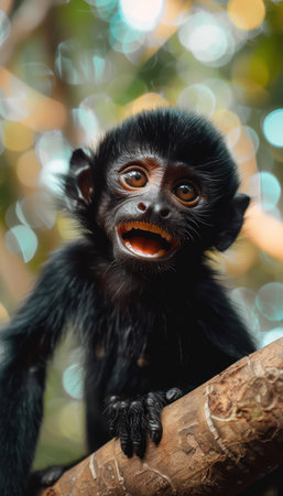 A playful young monkey beams with joy, perched on a sturdy tree branch in the heart of a vibrant jungle Lush greenery surrounds the adorable primate, while a captivating bokeh effect blurs the background, creating a dreamy and ethereal atmosphere This heartwarming image captures the essence of nature&#39;s beauty and the untamed spirit of the wild AI Generativeの素材
