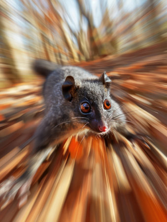 A blur of motion against a vibrant backdrop! This high-definition image captures a speedy small mammal darting through a forest alive with autumnal hues  The animal&#39;s fleeting presence against the rich reds, oranges, and yellows creates a breathtaking moment of nature&#39;s dynamism AI Generativeの素材