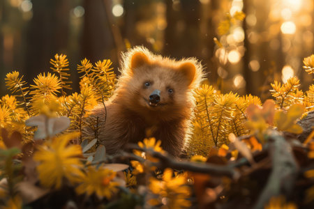 A playful bear cub, fur soft as dandelion fluff, poses amidst a field of vibrant yellow wildflowers Bathed in golden sunlight, the cub&#39;s innocent gaze and playful demeanor capture the essence of nature&#39;s beauty  The lush forest background completes this heartwarming scene, a testament to the raw wonder of the wild AI Generativeの素材