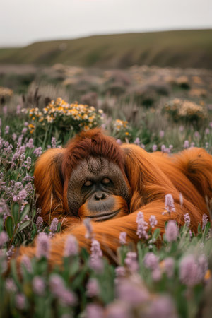 A majestic orangutan finds tranquility amidst a vibrant tapestry of wildflowers Bathed in the soft glow of sunlight, the gentle giant rests peacefully, surrounded by nature&#39;s colorful artistry This captivating scene evokes a sense of serenity and harmony between man and nature, showcasing the beauty of the natural world AI Generativeの素材