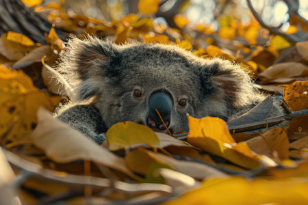 A heartwarming image captures a cuddly koala nestled amidst vibrant autumn leaves, showcasing the serene beauty of an Australian forest The gentle creature&#39;s peaceful presence amidst nature&#39;s vibrant hues evokes a sense of tranquility and wonder, highlighting the charm of this iconic native animal AI Generativeの素材