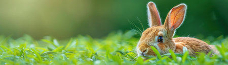 A charming rabbit basks in the golden glow of sunrise, nestled amidst a lush green meadow Soft light bathes the scene, creating a tranquil and peaceful ambiance The image captures the essence of nature&#39;s beauty, offering a serene escape for the viewer AI Generativeの素材