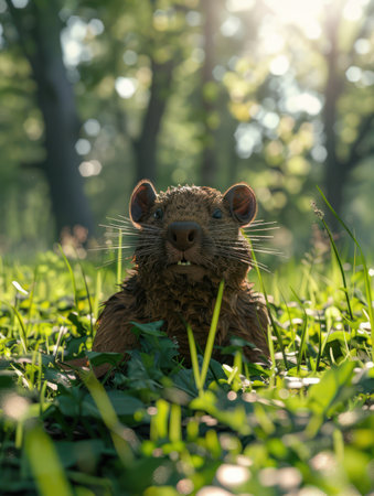 A curious rat peers inquisitively from a lush green forest meadow, bathed in dappled sunlight filtering through the trees Its beady eyes sparkle with alertness, capturing the essence of this captivating wildlife encounter The vibrant greens of the meadow and the soft glow of the sun create a serene and enchanting backdrop for this enchanting close-up AI Generativeの素材