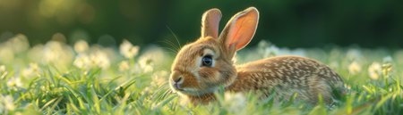 A fluffy bunny basks in the warm sunlight of a vibrant spring meadow Surrounded by lush green grass and colorful blooms, this adorable creature embodies the beauty of nature and wildlife Capture the charm of this peaceful scene in a stunning photo AI Generativeの素材