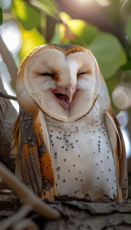 A captivating close-up of a barn owl perched on a tree branch in a sun-dappled forest Its eyes gleam with mischief as it lets out a playful laugh, captured in this adorable wildlife photograph The warm sunlight filtering through the leaves creates a magical ambiance, highlighting the owl&#39;s charm and the beauty of nature AI Generativeの素材