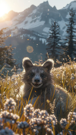 A charming raccoon basks in the golden glow of sunrise, amidst a lush mountain meadow Majestic snowy peaks stand tall in the distance, while warm sunlight bathes the scene in tranquility This picturesque landscape offers a perfect setting for wildlife and nature photography, capturing the beauty of the wild AI Generativeの素材