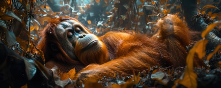 A tender moment unfolds in the heart of the rainforest A mother orangutan cradles her baby, their fur shimmering in soft sunlight that filters through the lush canopy Verdant leaves frame the pair, creating a serene haven in the vibrant jungle AI Generativeの素材