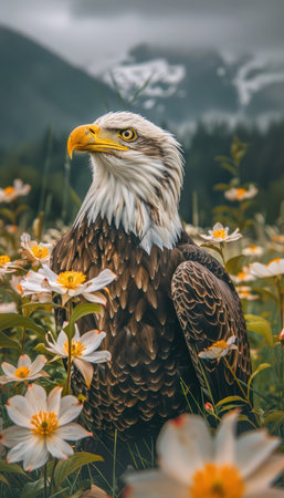 A majestic bald eagle stands proudly amidst a vibrant tapestry of blossoming flowers, its piercing gaze fixed on the distance The snow-capped mountains rise majestically in the background, veiled in a soft mist that adds an ethereal touch to the scene A breathtaking display of nature&#39;s beauty and power AI Generativeの素材