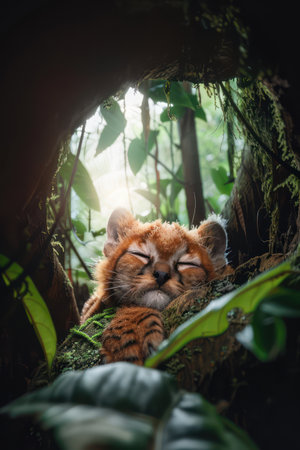 A tiny tiger cub, nestled amidst verdant forest foliage, sleeps soundly bathed in the warm glow of sunlight streaming through the trees The tranquil scene captures the serene beauty of wildlife in its natural habitat, exuding a sense of peace and tranquility AI Generativeの素材