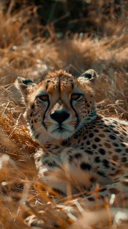 A majestic cheetah, its sleek spotted coat blending with the golden savanna, lies low in the dry grass Eyes focused, it patiently waits, a graceful predator poised to strike This stunning portrait captures the raw power and beauty of Africa&#39;s wild heart, reminding us of nature&#39;s incredible artistry AI Generativeの素材