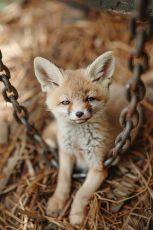 A captivating image of a baby fox cub nestled amidst natural elements, showcasing the innocence and playfulness of wildlife in its natural habitat This photo highlights the importance of conservation and awareness, inspiring viewers to protect these precious creatures and their environments AI Generativeの素材