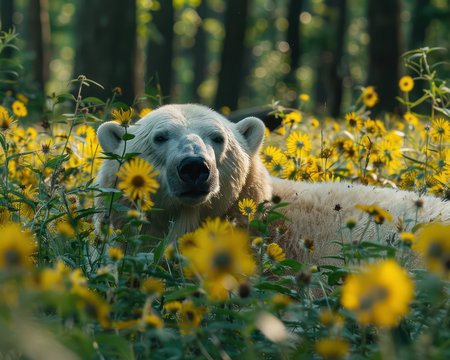 A majestic polar bear finds unexpected serenity amidst a vibrant sunflower field in a lush forest landscape The stunning contrast of the white bear against the golden blooms captures the harmonious coexistence of wildlife and nature  This captivating scene showcases the beauty of unexpected encounters and the intricate balance of the natural world AI Generativeの素材