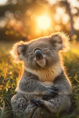 A captivating image showcasing the serene beauty of Australian wildlife A sun-drenched koala, bathed in golden hour light, beams with blissful contentment amidst its natural habitat This heartwarming photograph captures the essence of tranquility and the enduring charm of these iconic marsupials AI Generativeの素材