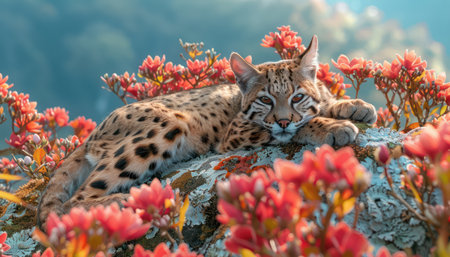 A majestic bobcat, a symbol of wilderness, rests serenely on a scenic rock, surrounded by a vibrant spring landscape Blooming flowers add pops of color to the scene, creating an enchanting contrast against the serene atmosphere The photo captures the beauty of nature and wildlife in perfect harmony AI Generativeの素材