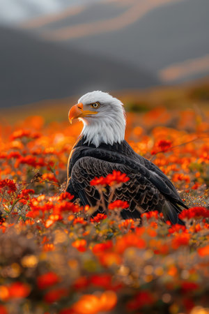A majestic bald eagle soars effortlessly above a vibrant field of red and orange wildflowers, bathed in soft sunlight Rolling hills and a serene mountain landscape form a breathtaking backdrop This captivating image captures the beauty of nature&#39;s grandeur and the freedom of flight AI Generativeの素材