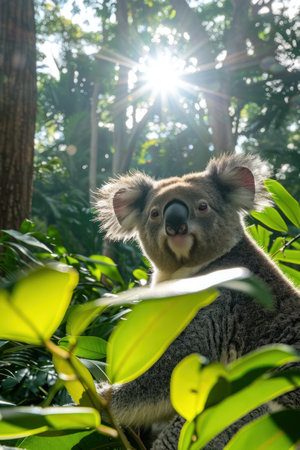 A captivating portrait of a koala basking in the dappled sunlight filtering through the dense canopy of a lush Australian rainforest The image captures the essence of wildlife photography in its natural habitat, showcasing the enchanting beauty of this iconic marsupial  This breathtaking scene invites viewers to explore the wonders of nature&#39;s artistry AI Generativeの素材