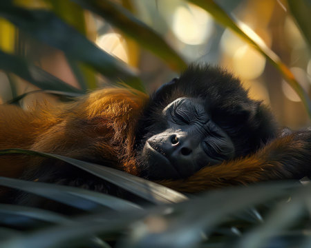 A serene moment captured in the heart of a vibrant jungle A sleeping monkey, nestled amidst lush foliage, embodies the tranquility of wildlife in its natural habitat The vibrant greens and warm sunlight create a captivating image of peace and beauty in the wilderness AI Generativeの素材