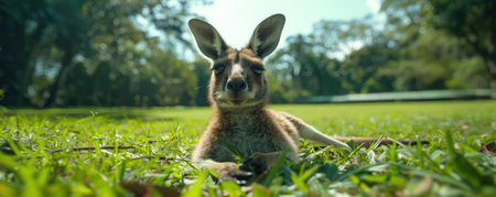 A relaxed kangaroo basks in the Australian sunshine, its powerful limbs sprawled across a lush green meadow The vibrant blue sky stretches above, casting a warm glow over the iconic marsupial This captivating close-up captures the tranquility of wildlife in its natural habitat, showcasing the beauty of an Australian wildlife sanctuary AI Generativeの素材