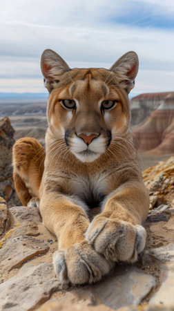 A majestic mountain lion, its tawny coat blending with the rugged rocks, rests on a towering cliff overlooking a breathtaking desert landscape The sun bathes the scene in warm hues, casting long shadows across the vast expanse The lion&#39;s powerful physique and serene gaze embody the wild beauty of nature AI Generativeの素材