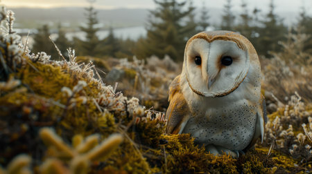 A majestic barn owl perched in a serene forest, its captivating presence a testament to nature&#39;s silent predator The owl&#39;s piercing gaze and feathered beauty contrast against the peaceful woodland backdrop, making this image a perfect choice for wildlife enthusiasts and nature lovers seeking captivating imagery AI Generativeの素材
