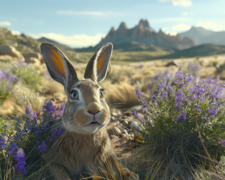 A vibrant desert landscape explodes with color Stunning purple wildflowers carpet the sand, while majestic mountains rise towards a clear blue sky  Enchanting wildlife wanders through this breathtaking scene, creating a harmonious balance of nature&#39;s beauty AI Generativeの素材
