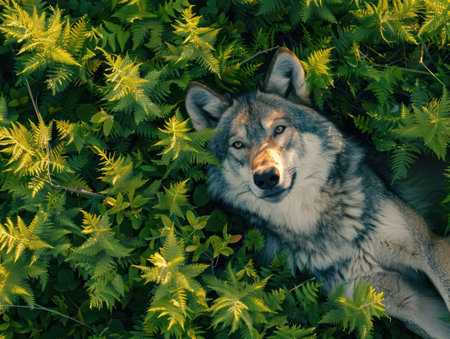 A majestic gray wolf finds solace amidst vibrant greenery Its piercing gaze and powerful presence evoke a sense of wild beauty and serenity This intimate portrait captures the essence of nature&#39;s untamed spirit, offering a glimpse into the tranquility of the wilderness AI Generativeの素材