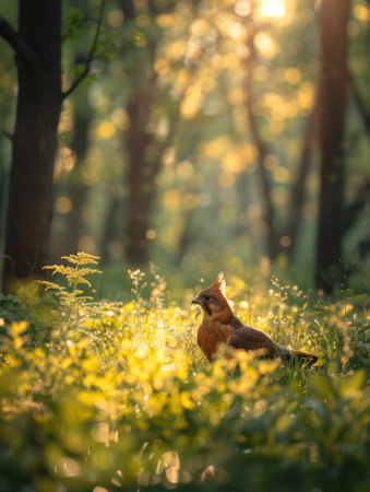 A sun-drenched forest path beckons, bathed in golden light that filters through verdant foliage A graceful fox pauses mid-stride, its presence adding a touch of captivating wildlife to this tranquil woodland scene This ethereal moment captures the serenity of nature at its most enchanting AI Generativeの素材