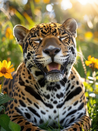 A majestic jaguar basks in the warm sunlight, its sleek, spotted coat gleaming Surrounded by a vibrant display of yellow flowers, the predator exudes an aura of power and serenity This captivating image captures the beauty of wildlife in its natural habitat, a harmonious blend of strength and tranquility AI Generativeの素材