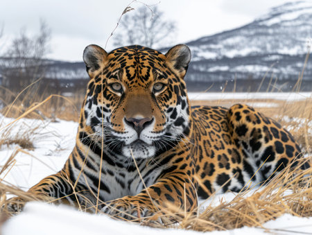 A majestic snow leopard rests amidst a breathtaking winter landscape Towering snow-capped mountains provide a dramatic backdrop, while golden grasses shimmer under a clear sky This stunning wildlife photograph captures the elusive beauty of this endangered creature in its natural habitat AI Generativeの素材