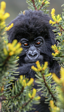 A young mountain gorilla, its intense gaze peering through lush foliage, captivates in this close-up wildlife photograph The vibrant yellow flowers add a touch of color to the scene, highlighting the primate&#39;s natural habitat This captivating image captures the wonder and beauty of these endangered creatures AI Generativeの素材