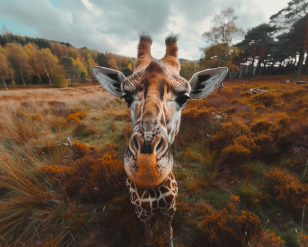 A majestic giraffe stands tall against a dramatic sky, its long neck reaching towards the heavens Lush vegetation surrounds the gentle giant in its natural habitat, creating a captivating scene of wild beauty  This stunning wildlife photograph captures the grace and power of this iconic animal in its natural environment AI Generativeの素材