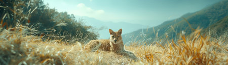 A golden retriever basks in serenity amidst a breathtaking mountain vista  The dog rests peacefully in a grassy meadow, framed by towering peaks and a clear blue sky This idyllic scene captures the tranquility of nature and the picturesque beauty of the wilderness AI Generativeの素材