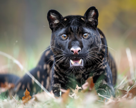 Experience the majesty of the black panther in its natural habitat This captivating photo collection captures the grace and elusiveness of this magnificent big cat Explore stunning wildlife photography that raises awareness about conservation efforts to protect these endangered creatures AI Generativeの素材