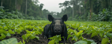 A playful young pig frolics in a vibrant green field, surrounded by lush tropical vegetation This idyllic scene embodies environmental sustainability, natural farming practices, and the harmonious coexistence of wildlife in a thriving jungle ecosystem The image captures the beauty and importance of preserving our natural world AI Generativeの素材