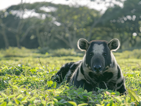 A Malayan Tapir, its distinctive black and white coat blending seamlessly with the lush green grasslands, relaxes in a serene nature reserve Dense trees provide shade and shelter, while a clear blue sky stretches above, a testament to the pristine natural habitat preserved for this endangered species This image embodies the vital importance of wildlife conservation and the beauty of untouched wilderness AI Generativeの素材