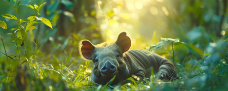 A heart-melting image captures a baby animal nestled amidst the enchanting beauty of a lush forest Sunlight filters through the canopy, casting dappled light on the scene A moment of pure tranquility and wildlife wonder, perfect for nature lovers and animal enthusiasts AI Generativeの素材