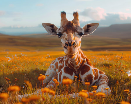 A graceful giraffe calf rests amidst a vibrant field of wildflowers, bathed in the golden glow of sunset The serene African savannah provides the perfect backdrop for this captivating wildlife photograph, showcasing the beauty and charm of nature The calf&#39;s innocent pose and the vibrant colors of the wildflowers create a moment of pure tranquility AI Generativeの素材