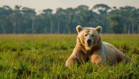 A majestic polar bear finds serenity in a golden hour meadow, bathed in warm sunlight The tranquil scene unfolds against a backdrop of lush green forest, capturing the creature&#39;s natural grace in its wild habitat This serene outdoor photograph embodies the beauty and tranquility found in the heart of nature AI Generativeの素材