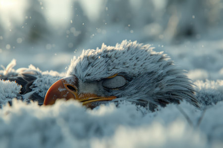 A majestic bald eagle rests amidst a pristine snowy wilderness Captured in breathtaking detail, the image showcases the serene yet harsh winter habitat of this iconic bird Its piercing gaze and powerful presence command attention, highlighting the raw beauty and resilience of nature&#39;s apex predator AI Generativeの素材