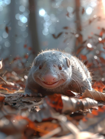 A captivating image of a cute creature beaming with joy amidst a vibrant tapestry of fallen leaves Sunlight bathes the woodland floor, creating a whimsical scene of pure happiness in nature This adorable animal's infectious smile embodies the joy of wildlife in its natural habitat AI Generativeの素材