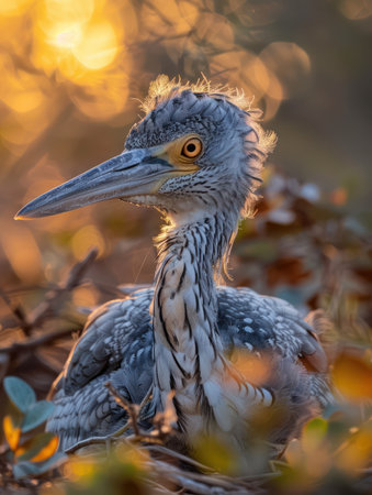 A majestic heron stands silhouetted against a breathtaking sunset, its vibrant plumage reflecting the fiery sky The serene natural habitat provides a stunning backdrop for this captivating wildlife moment, captured in an idyllic photographic composition Every detail, from the heron's piercing gaze to the intricate patterns of its feathers, is showcased with remarkable clarity AI Generativeの素材