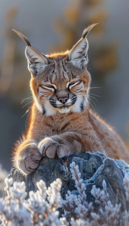A majestic wildcat, bathed in the icy glow of a frosty habitat, stares intensely into the camera This captivating image showcases the beauty of nature&#39;s predators and their stunning environments Perfect for animal enthusiasts seeking breathtaking wildlife imagery AI Generativeの素材