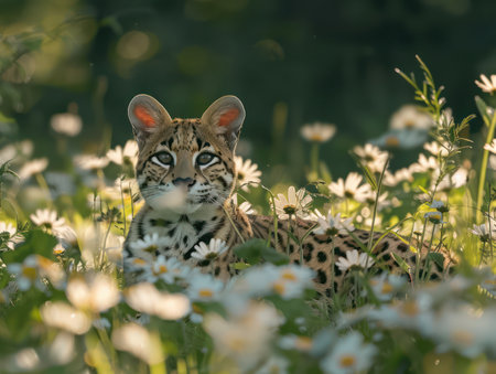 A majestic ocelot, bathed in soft morning light, emerges from a vibrant field of wildflowers Its sleek, spotted coat glistens, revealing the elegance and beauty of this rare and elusive wild cat in its natural habitat This stunning photograph captures the raw power and grace of this endangered species AI Generativeの素材