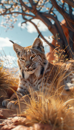 A captivating portrait of a Eurasian Lynx, resting in its natural habitat  The lynx&#39;s charm and grace are evident as it rests in a serene landscape, surrounded by beautiful natural elements This image captures the wild beauty of this majestic creature AI Generativeの素材