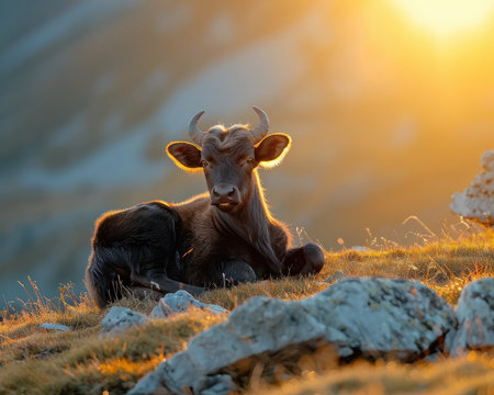 A majestic mountain landscape bathed in golden hour light, with a wild goat resting serenely on rocky terrain The scene evokes a sense of tranquility and wilderness serenity, as the sun casts long shadows and the sky bursts with vibrant hues This breathtaking vista captures the beauty and majesty of nature in its purest form AI Generativeの素材