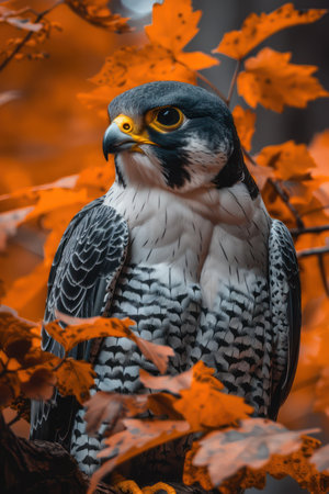 A majestic peregrine falcon, perched amidst a vibrant tapestry of autumn leaves, commands attention in this captivating wildlife photograph The falcon&#39;s piercing gaze and powerful stance are accentuated by the stunning natural backdrop, creating a breathtaking display of nature&#39;s beauty and the predator&#39;s raw power AI Generativeの素材