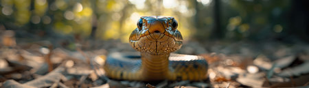 A mesmerizing close-up of a snake, its intense gaze piercing through the lens, nestled amongst fallen leaves in a vibrant forest The shallow depth of field highlights the snake's captivating presence against a backdrop of natural beauty, showcasing the intricate details of its scales and the surrounding foliage AI Generativeの素材