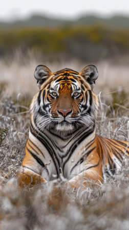 A magnificent tiger, stripes ablaze against the golden grasslands, embodies raw power and grace This striking portrait captures the essence of the wild, showcasing the majesty of this endangered predator in its natural habitat The image evokes a sense of awe and respect for the beauty and strength of the tiger AI Generativeの素材