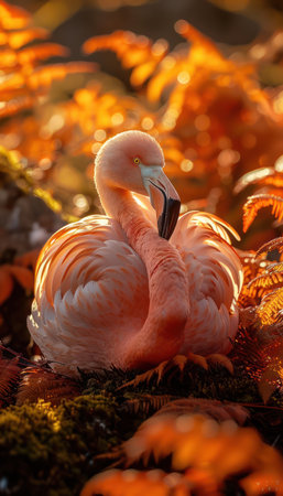 A vibrant flamingo stands amidst a tapestry of fiery orange autumn leaves, bathed in the soft glow of twilight Its pristine plumage gleams, reflecting the golden hues of the setting sun The tranquil scene is mirrored in the still water, creating a serene and captivating wildlife photograph AI Generativeの素材