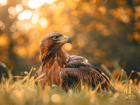 A majestic Golden Eagle, bathed in golden light, rests regally on a bed of verdant grass  The warm, glowing background adds to the captivating beauty of this powerful predator in its natural habitat This stunning wildlife photograph captures the essence of nature&#39;s grace and power AI Generativeの素材